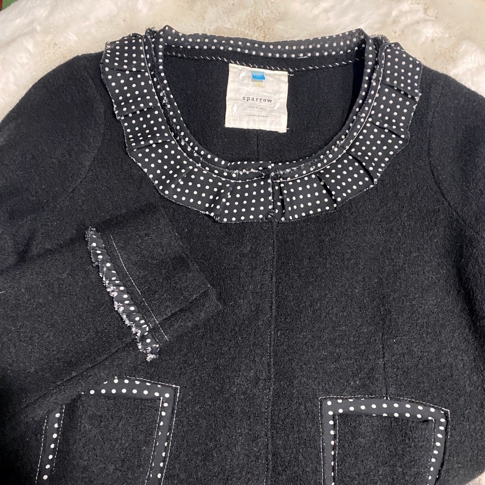 Anthropologie Sparrow Women's M Black Merino Wool Polka Dot Ruffle Cardi Sweater